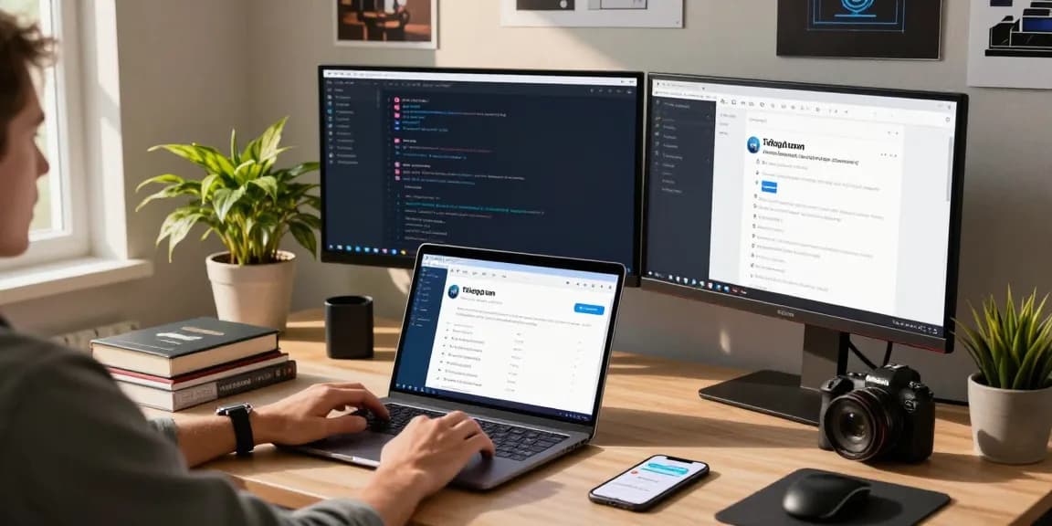 Professional using Telegram web version on a modern laptop in a vibrant workspace.