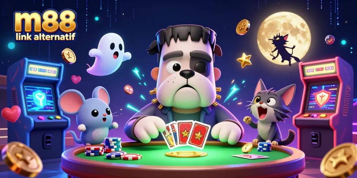 Experience exciting gameplay with M88 link alternatif, featuring a vibrant 3D cartoon casino scene.