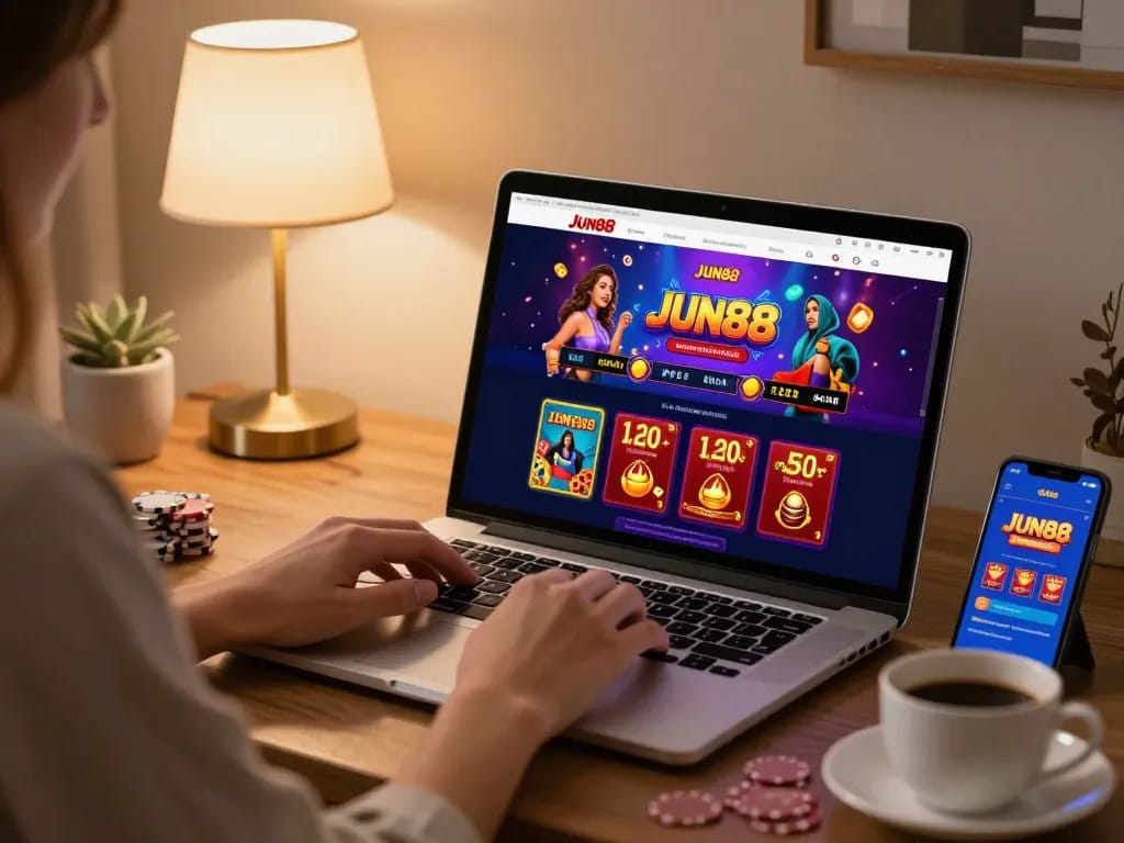 Engaging in responsible gaming on the Link Jun88 online casino from a stylish home workspace
