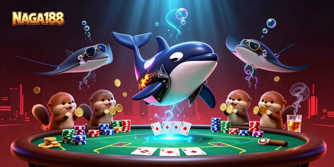 NAGA188 asik memainkan poker sambil dikelilingi karakter laut menggemaskan dan harta emas