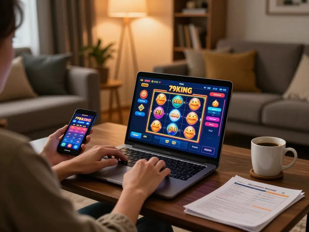 Player engaging in thrilling online casino games at 79KING, showcasing strategy notes and vibrant screen.