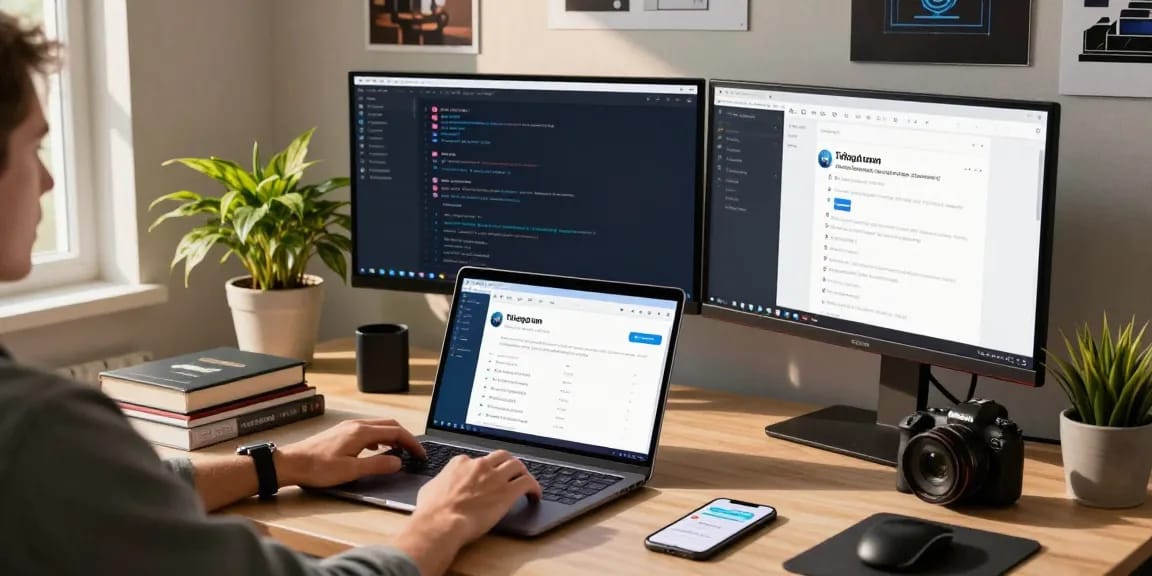 Professional using Telegram web version on a modern laptop in a vibrant workspace.