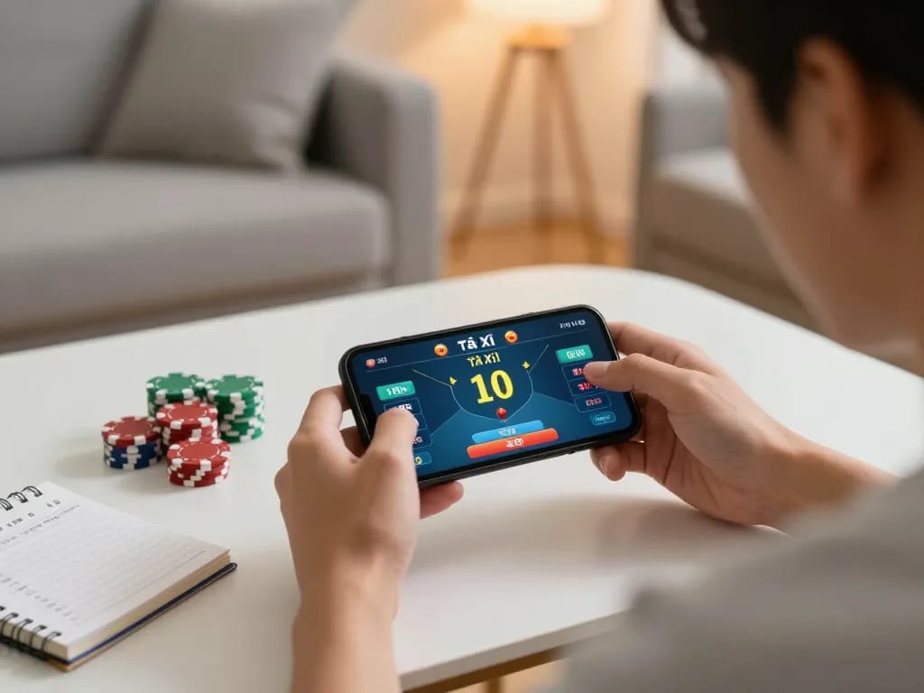 Playing tài xỉu 10 on a smartphone while analyzing strategy notes in a cozy home setting.