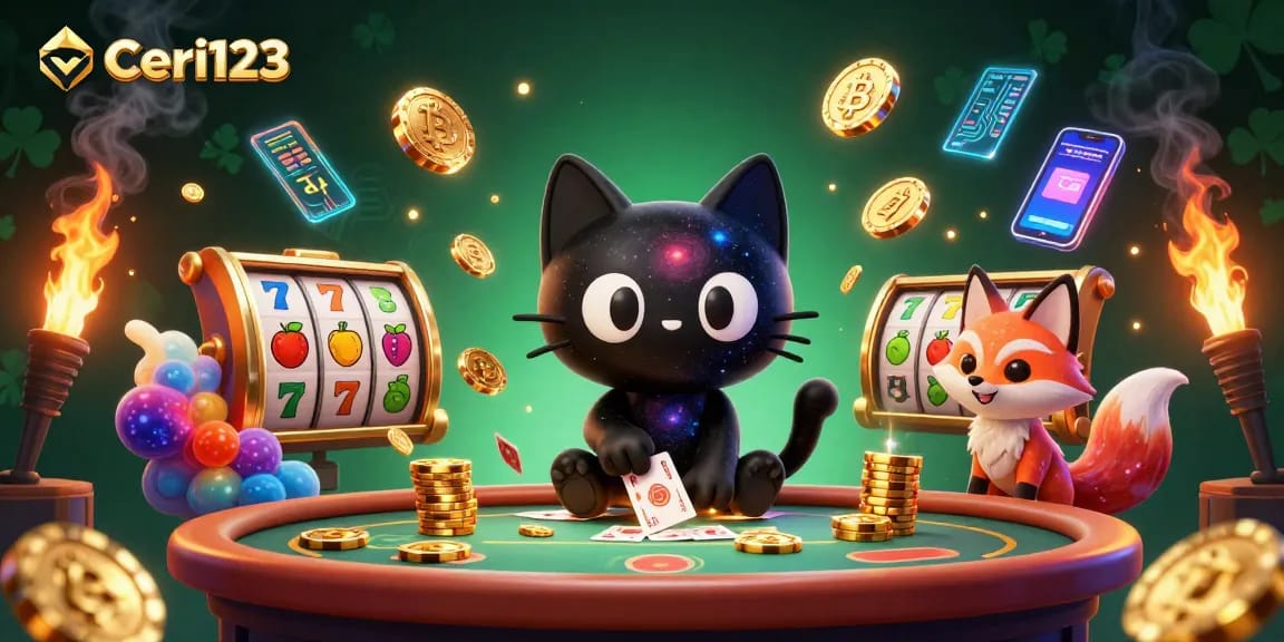 Experience thrilling gameplay at Ceri123 with engaging game elements like slot reels and crypto coins.