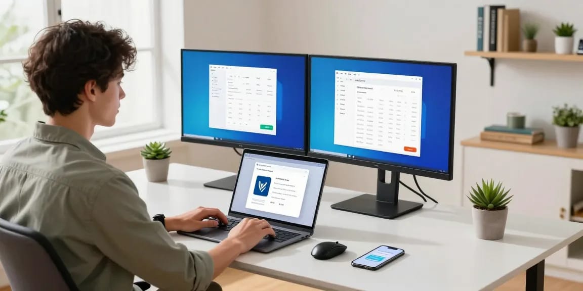 WPS Download interface displayed in a modern home office setup, showcasing a productive workspace.