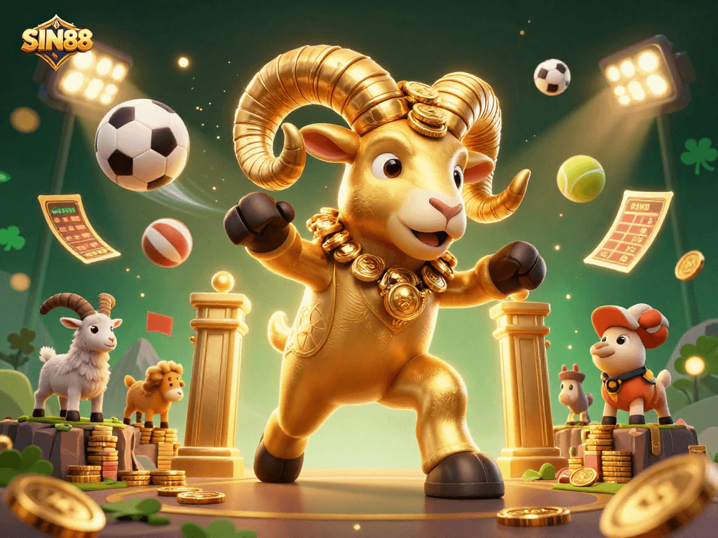 SIN88 showcases a dynamic scene with a golden ram and energetic sports betting elements.