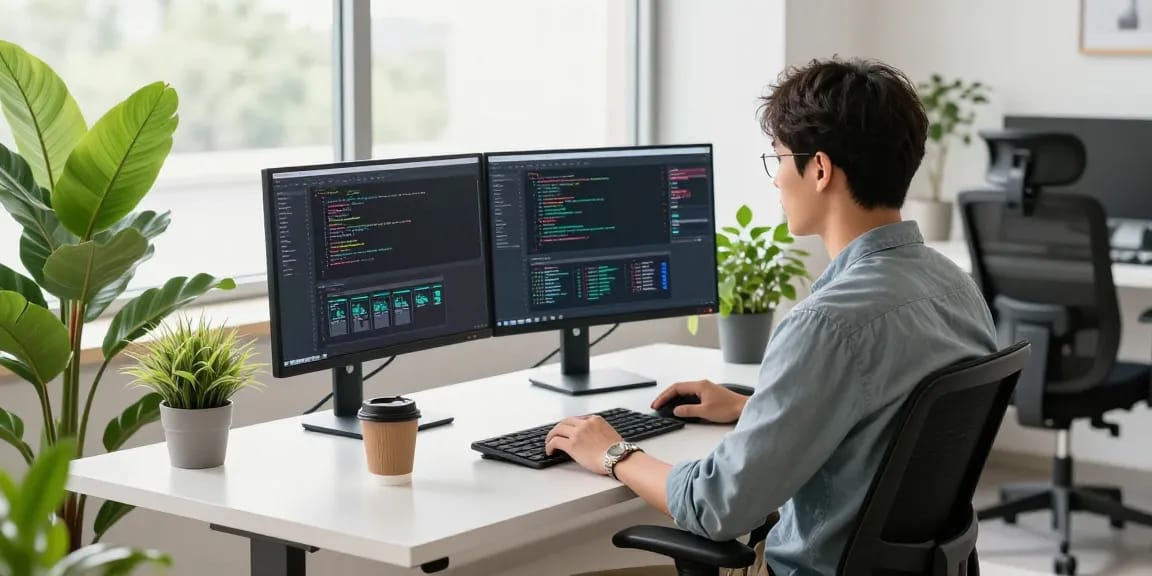 快连 network optimization setup in a modern tech workspace with dual monitors and coffee.