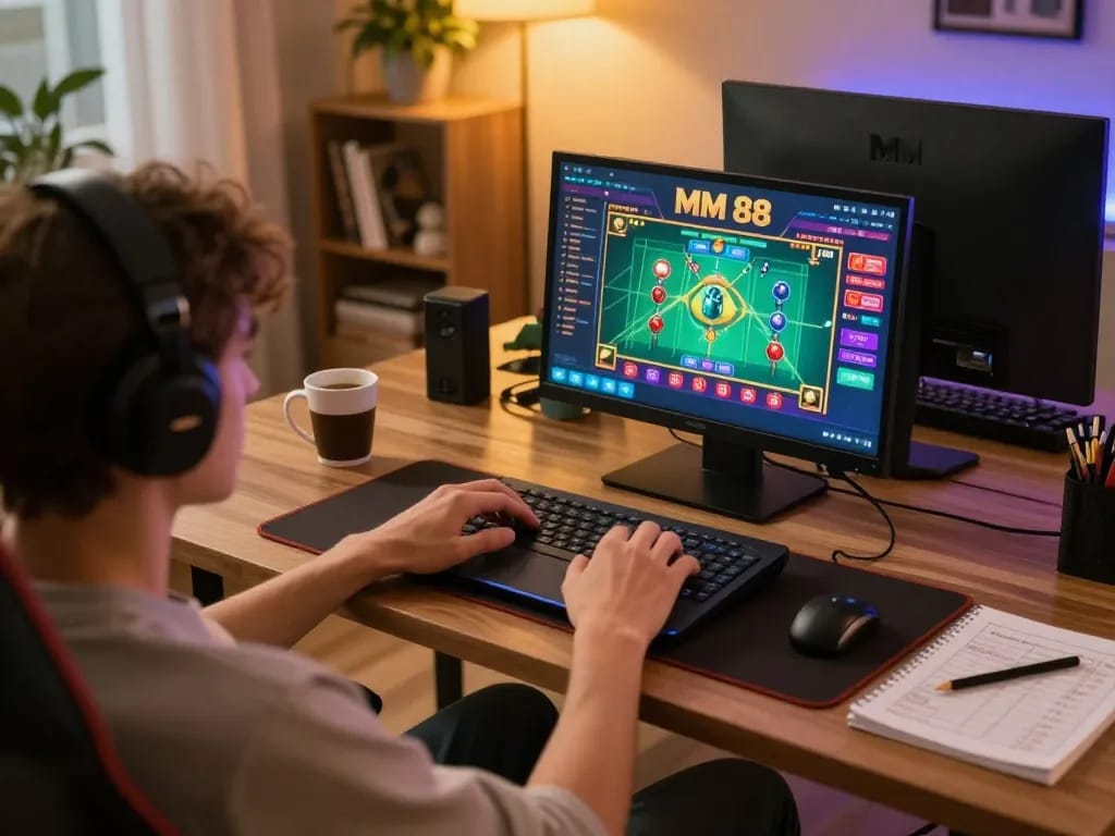 Player engaging in MM 88 online casino gaming with laptop at home