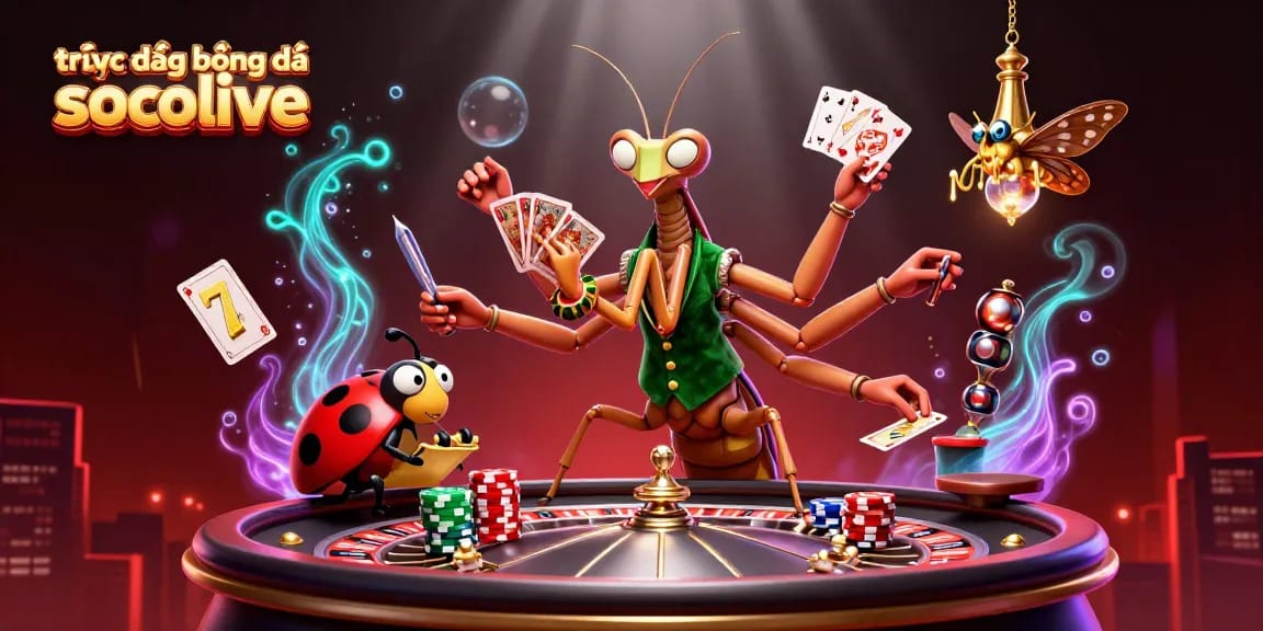 Engage with trực tiếp bóng đá socolive featuring a lively scene of a mantis card sharp and ladybug pit boss in a vibrant casino