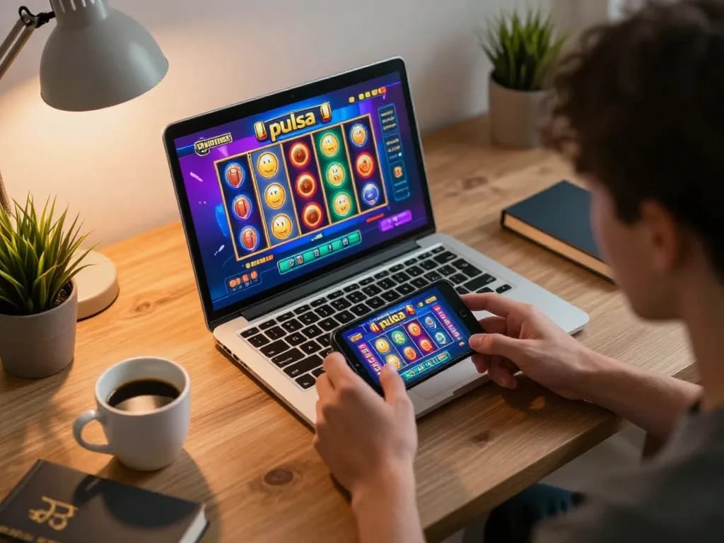 Engaging in slot pulsa gameplay on a mobile device at home, showcasing strategic betting.