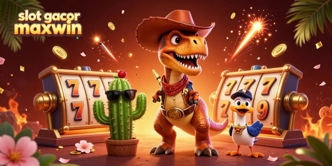Engage with slot gacor maxwin as a T-Rex cowboy spins the reels surrounded by festive gaming elements.