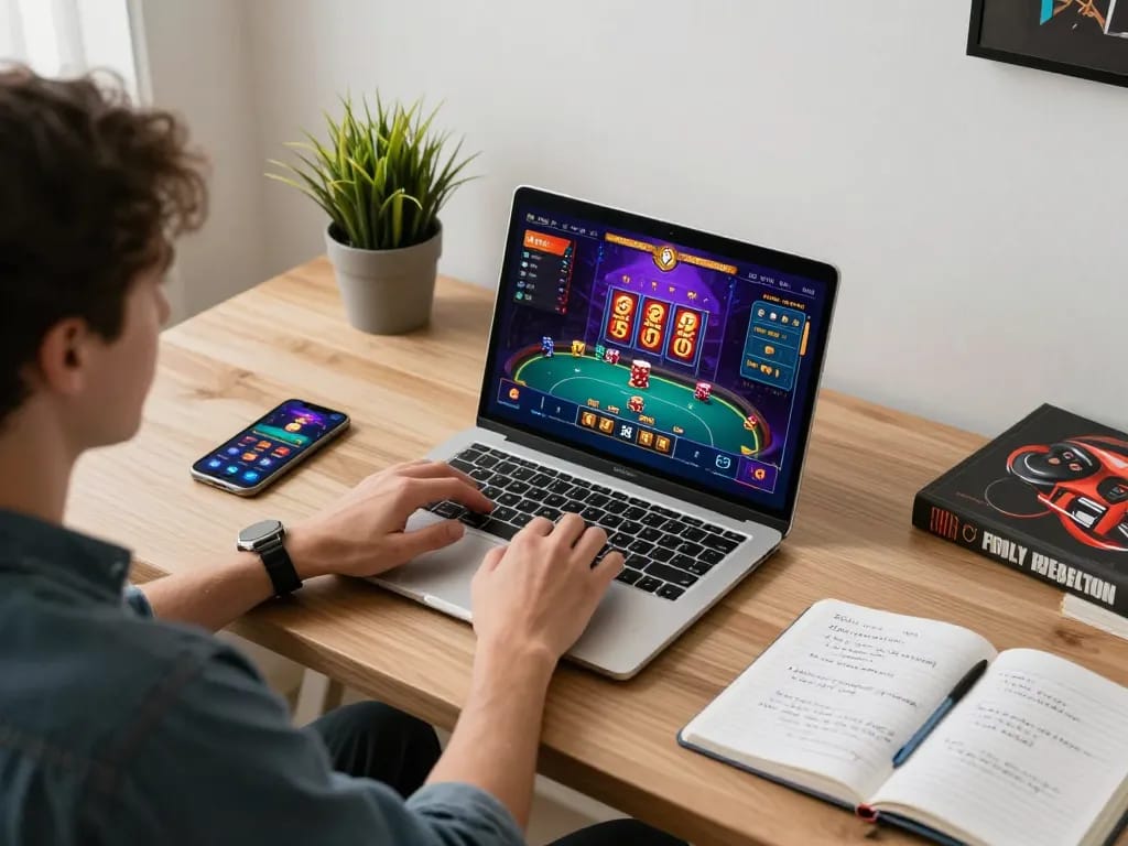 Player engaged in online gaming at RR88, with vibrant casino app on laptop screen.