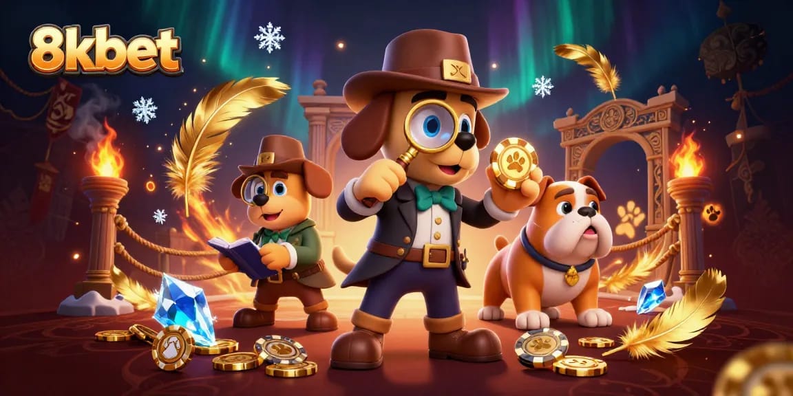 Win exciting poker hands and experience 8kbet's thrilling casino games in an animated detective scene.