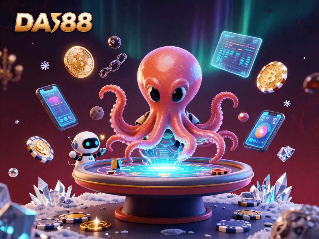DA88 engages players with a vibrant 3D casino scene featuring an alien octopus and robot at a holographic poker table.