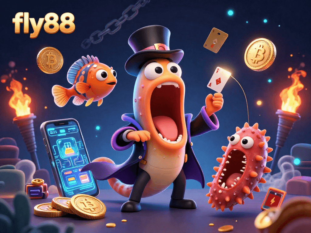 Experience fly88's thrilling casino magic with vibrant characters and crypto elements in a captivating 3D scene.