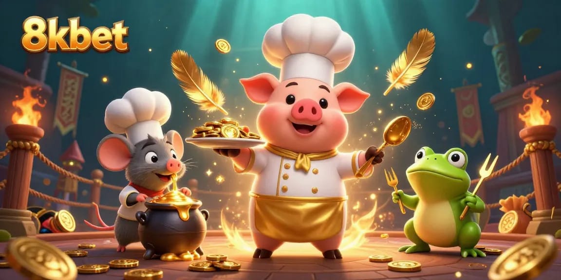 Engage with 8kbet's vibrant online casino experience featuring a chef pig serving gold coins in a dynamic illustration.