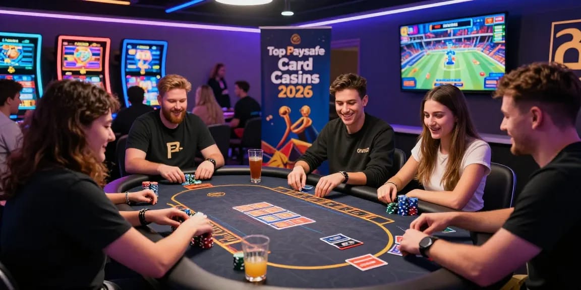 Szene in einem Paysafe Card Casino mit vielfältigen Spielern, die Kartenspiele genießen, und lebhafter Casino-Atmosphäre im Jahr 2026.