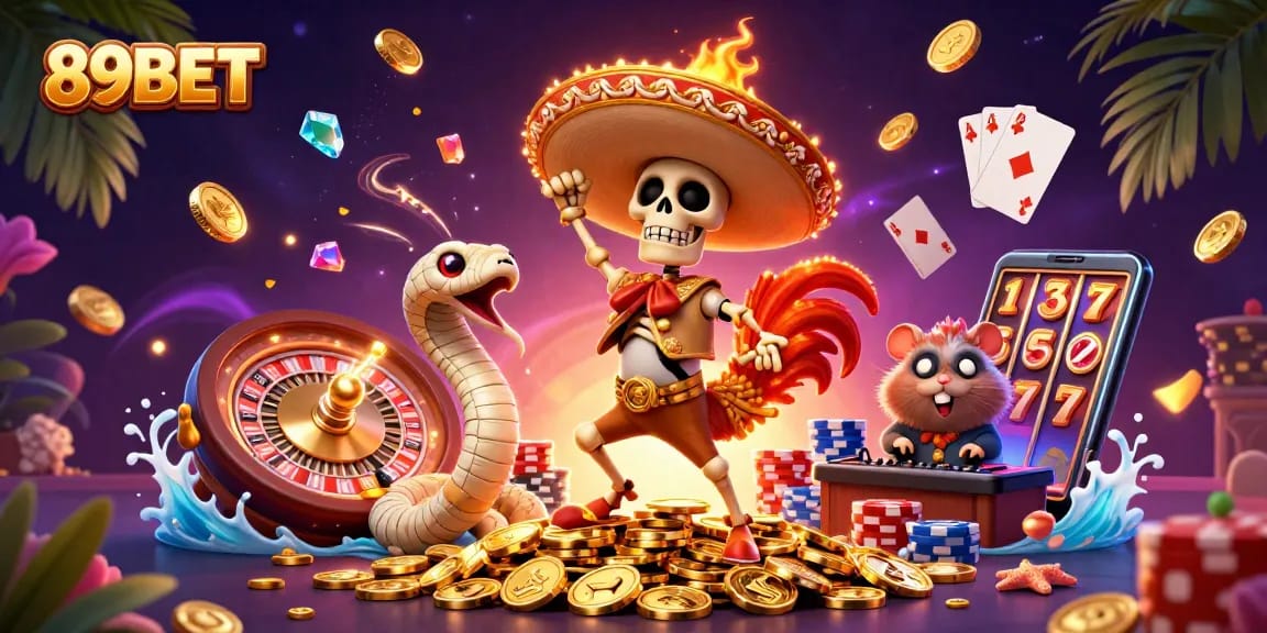 Experience unbeatable fun at 89BET with vibrant characters celebrating amid a casino backdrop.