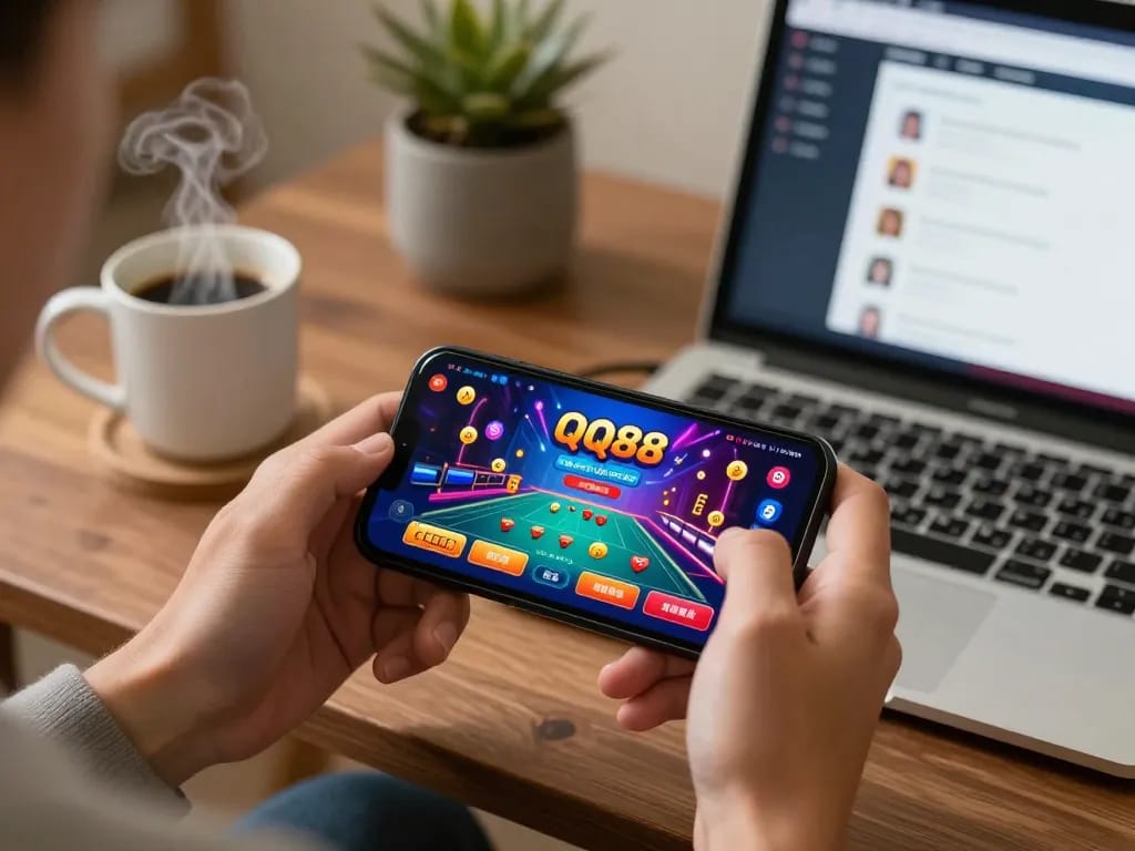 Engaging with the QQ88 mobile app, showcasing a vibrant online casino interface during a home gaming session