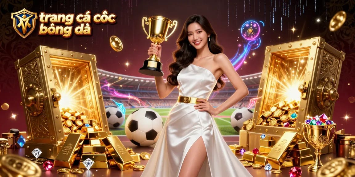 Bet on trang cá cược bóng đá with a victorious woman holding a trophy amidst gold and gems.
