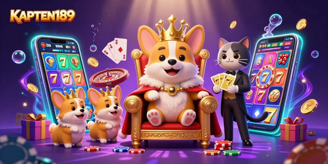 KAPTEN189 menghadirkan permainan slot online seru dengan corgi kerajaan yang keren dan elemen kasino menarik.