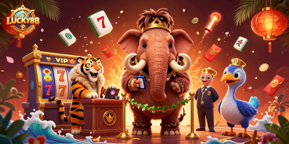Join the fun at LUCKY88 with a vibrant 3D casino scene featuring unique characters and exciting symbols.