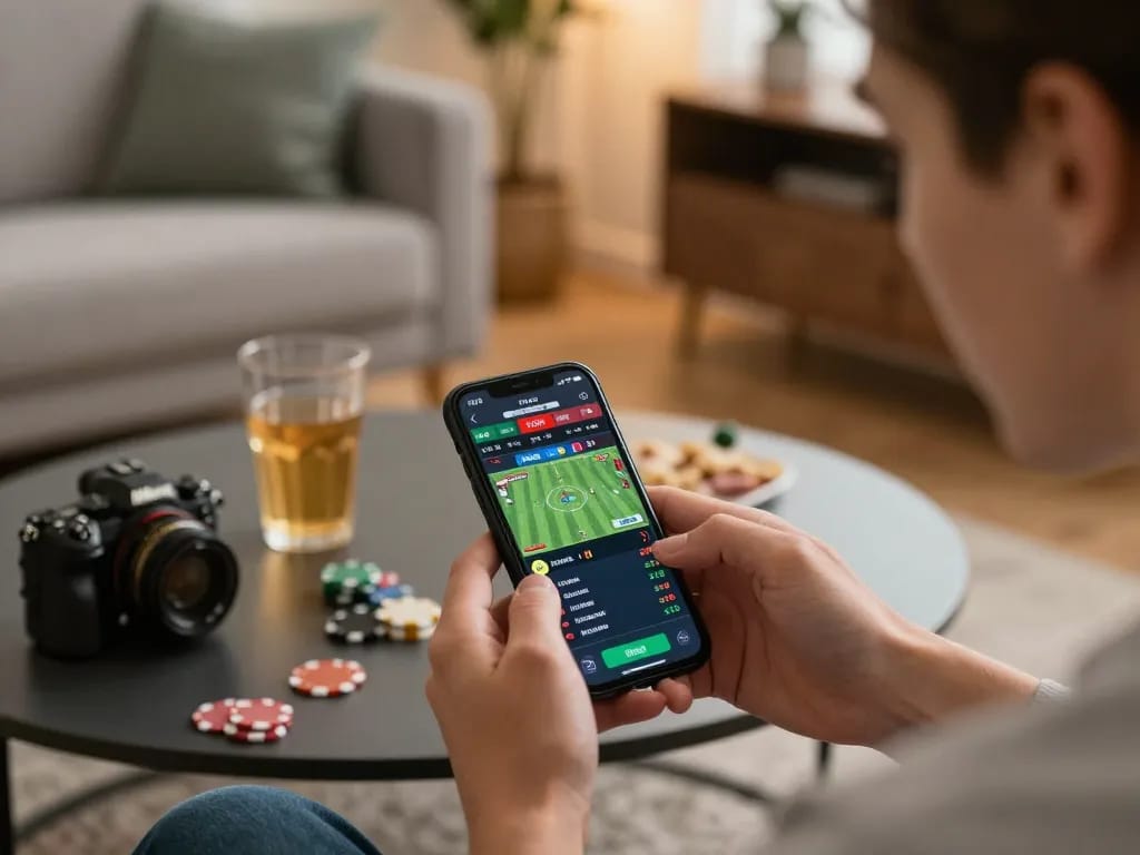 Place strategic bets with keonhacaii on a smartphone in a cozy home environment.