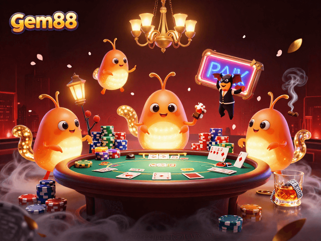 Experience the excitement of gem88 with lively glowworms lighting up a poker game in a glowing casino.