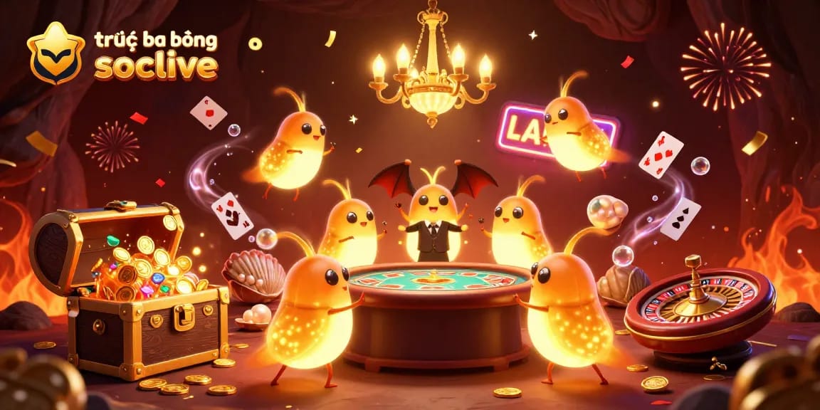 Engage with trực tiếp bóng đá socolive in this vibrant 3D casino scene with glowing characters and festive decorations.