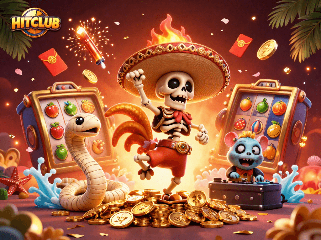 Join the excitement at HITCLUB with vibrant reels, golden coins, and festive characters celebrating wins!