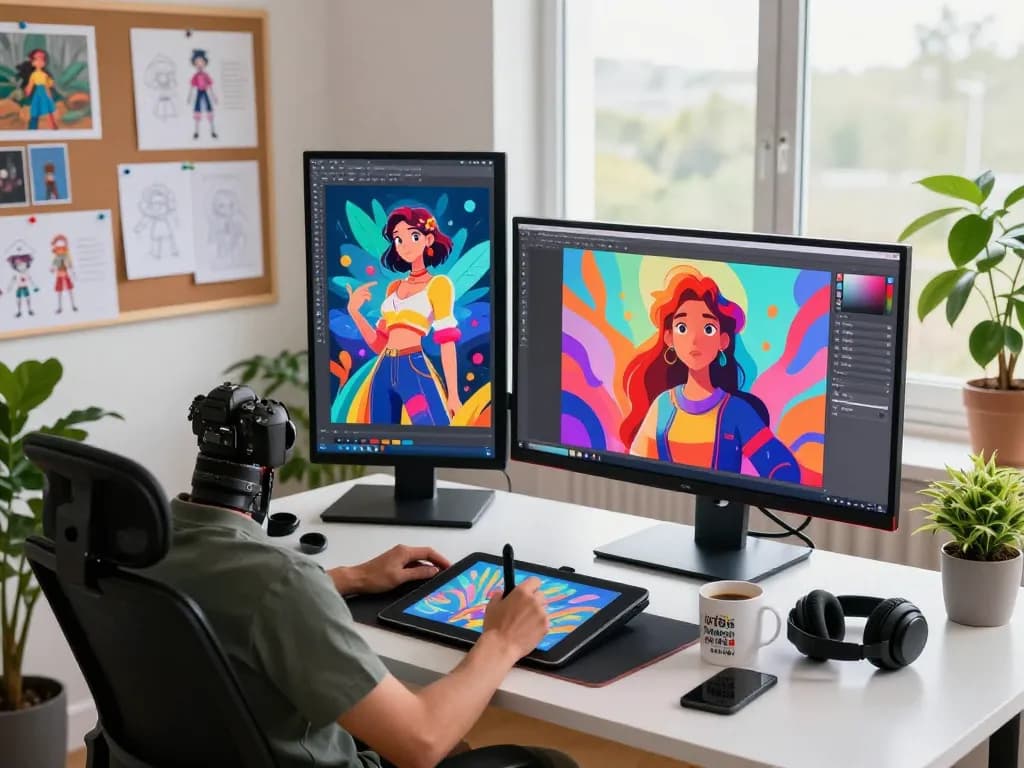 Creative digital artist designing innovative AI porn visuals in a modern workspace, showcasing vibrant illustrations and artistic tools.