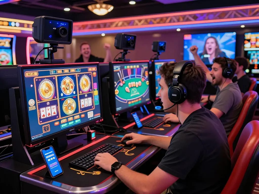 Engaged player experiencing MM88 online casino gaming with vibrant visuals and gaming peripherals.