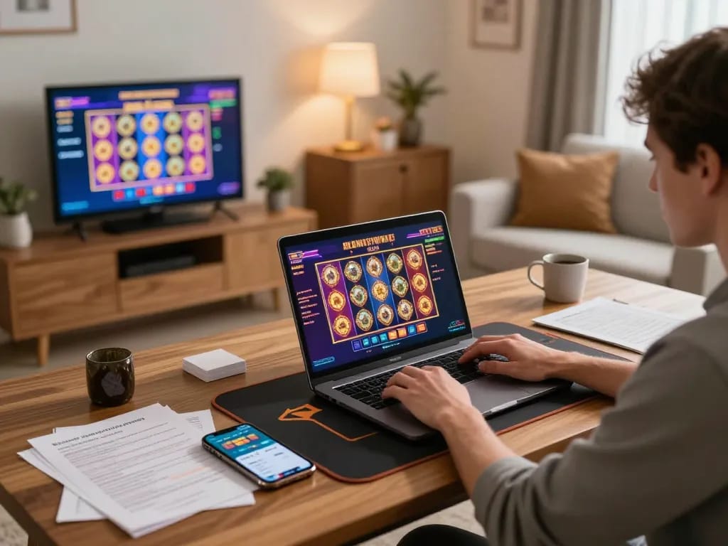 Player engaging in online casino gaming at home, showcasing mm88br's vibrant slot machine interface and strategic planning.