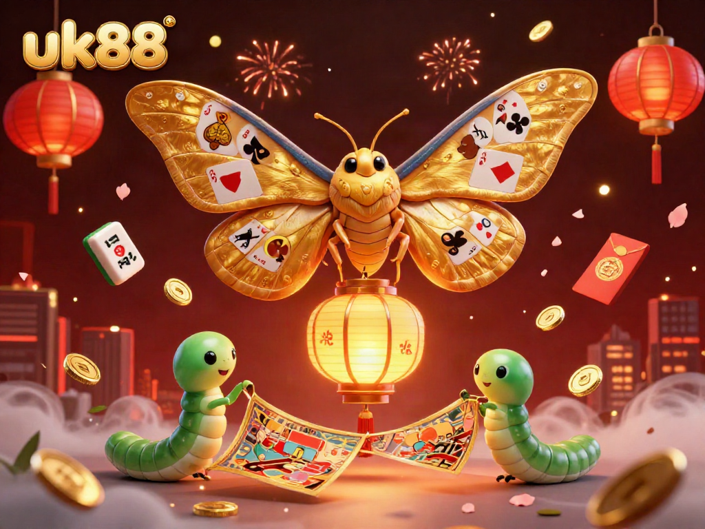 Experience the excitement of uk88 with a vibrant animated scene featuring a majestic golden moth and colorful casino elements.