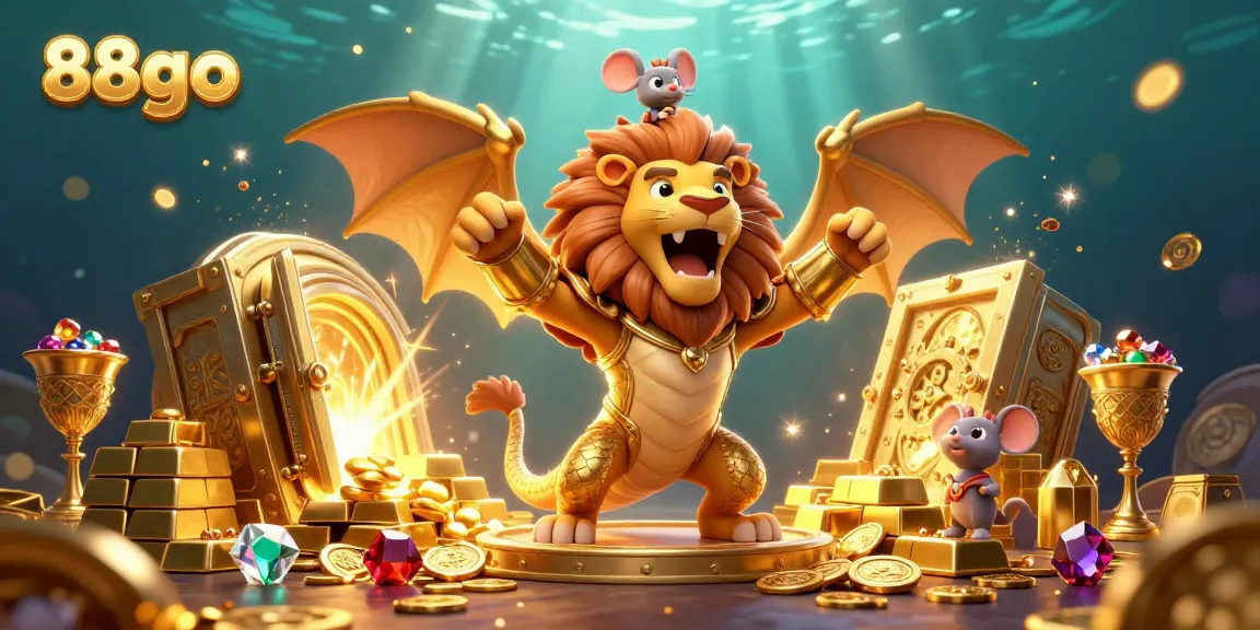 Experience excitement and triumph with 88go in this 3D casino illustration showcasing golden treasure and a chimera guardian.