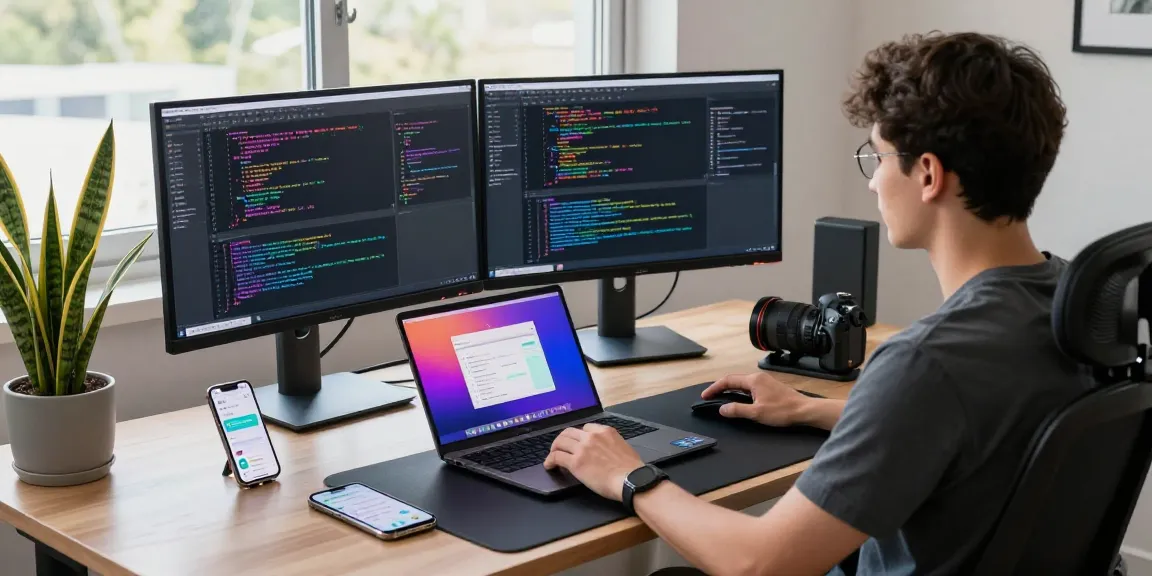 快连 software developer coding at a modern workspace with dual monitors, showcasing efficient work environment.
