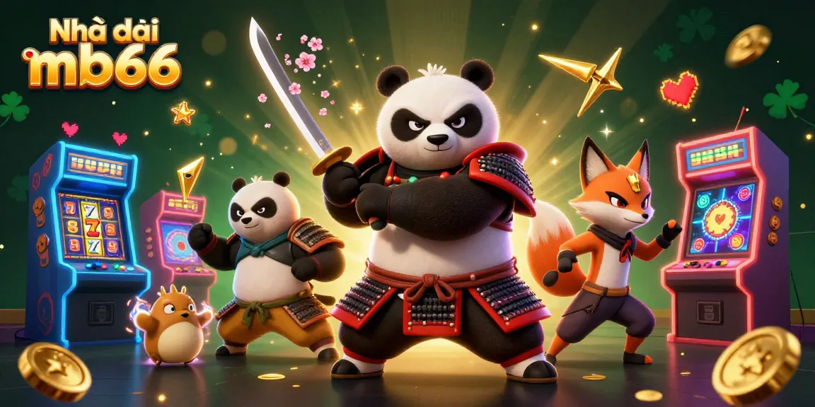 Ninja fox throws golden shuriken while fierce samurai panda stands with a katana at Nhà cái mb66 casino.