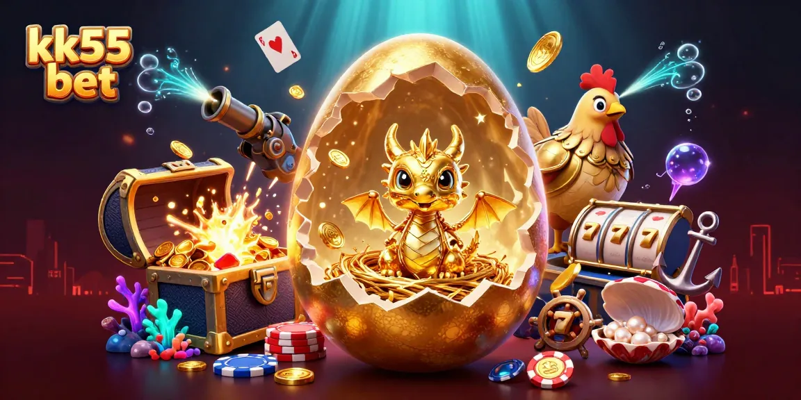 kk55 bet showcases thrilling gaming with a golden dragon guarding poker chips amid bright casino elements.