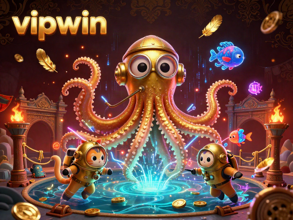 Experience exciting gameplay at vipwin with a gigantic cartoon kraken and adventurous diving cat amid an ocean of treasures.