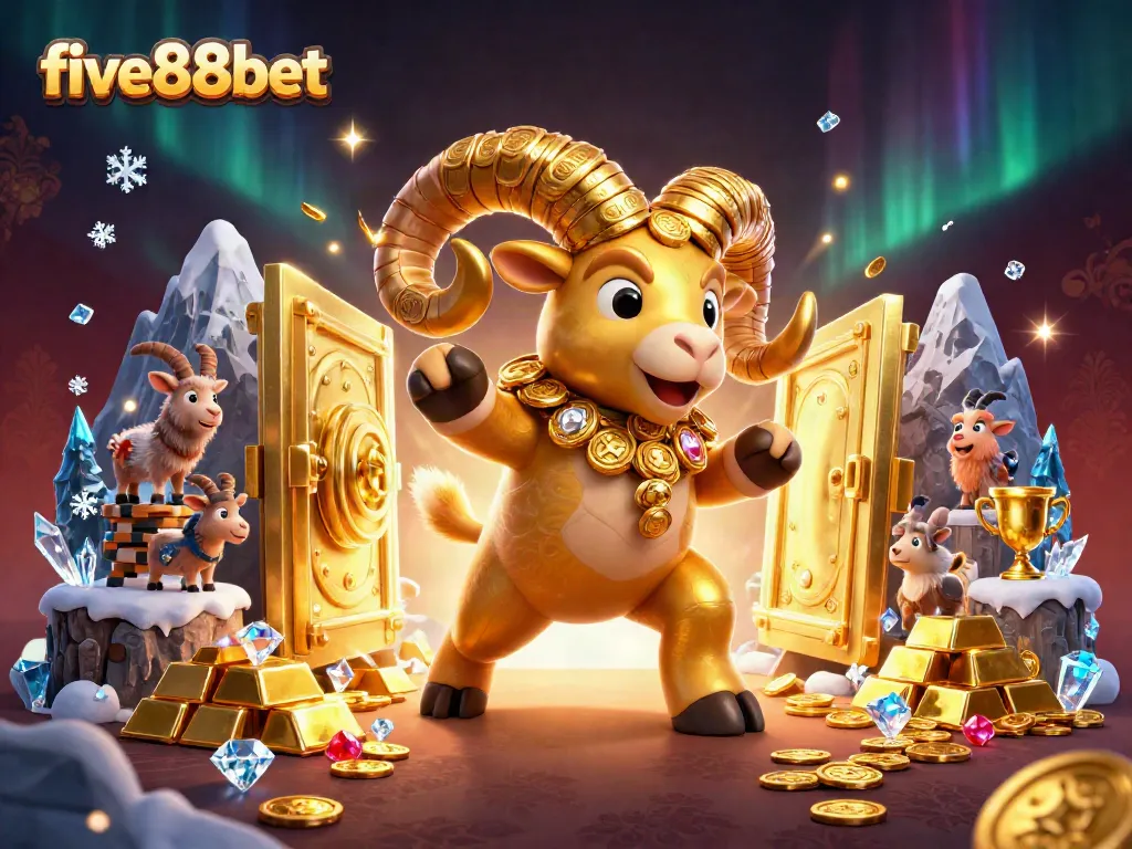 Experience the thrill of five88bet with this vibrant 3D scene featuring a golden ram and treasure!