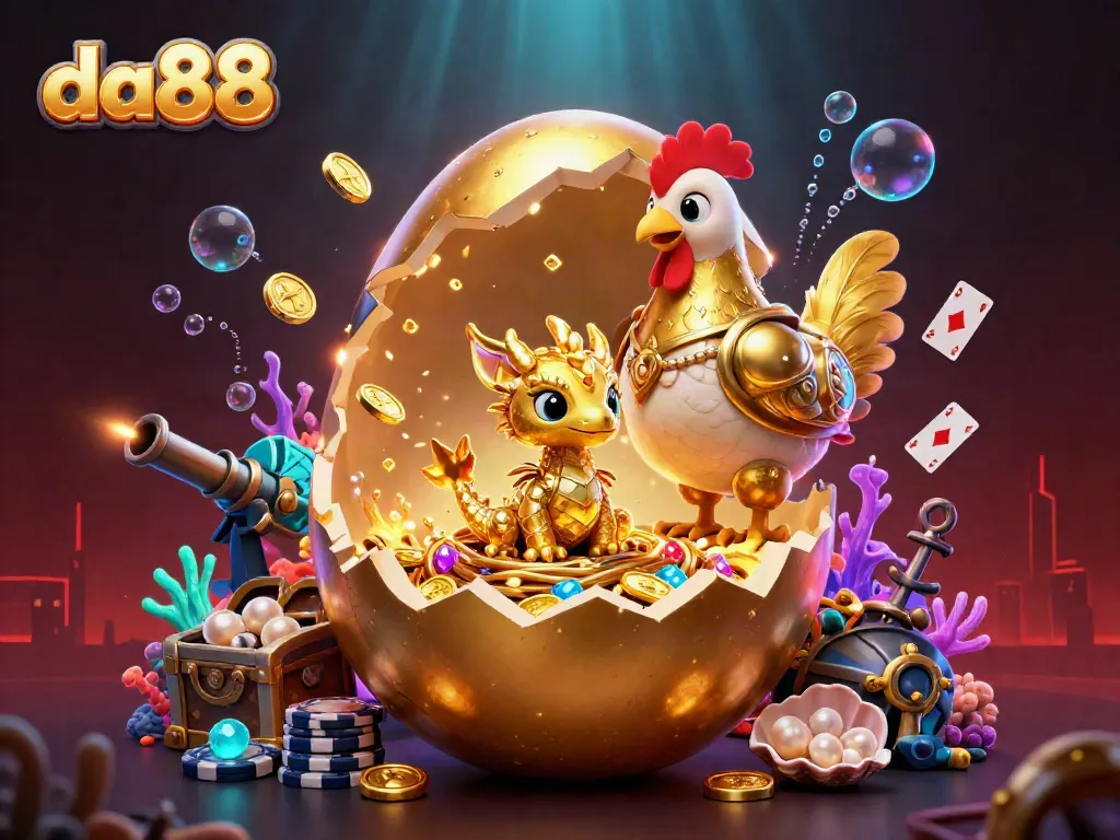 Engage with da88 casino's magical realm, showcasing a golden dragon emerging from poker chips among treasures.