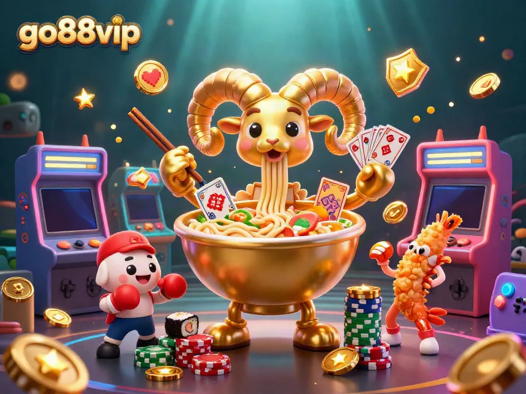 Go88vip 3D illustration featuring vibrant casino elements with cartoon ramen bowl and cheerful characters.