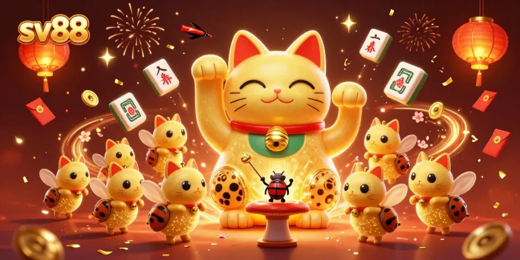 Experience luck with SV88 as golden fireflies create a lucky cat amid glowing casino elements.