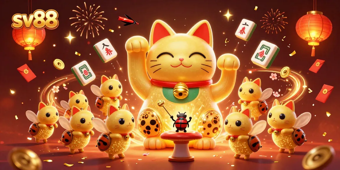 Experience luck with SV88 as golden fireflies create a lucky cat amid glowing casino elements.