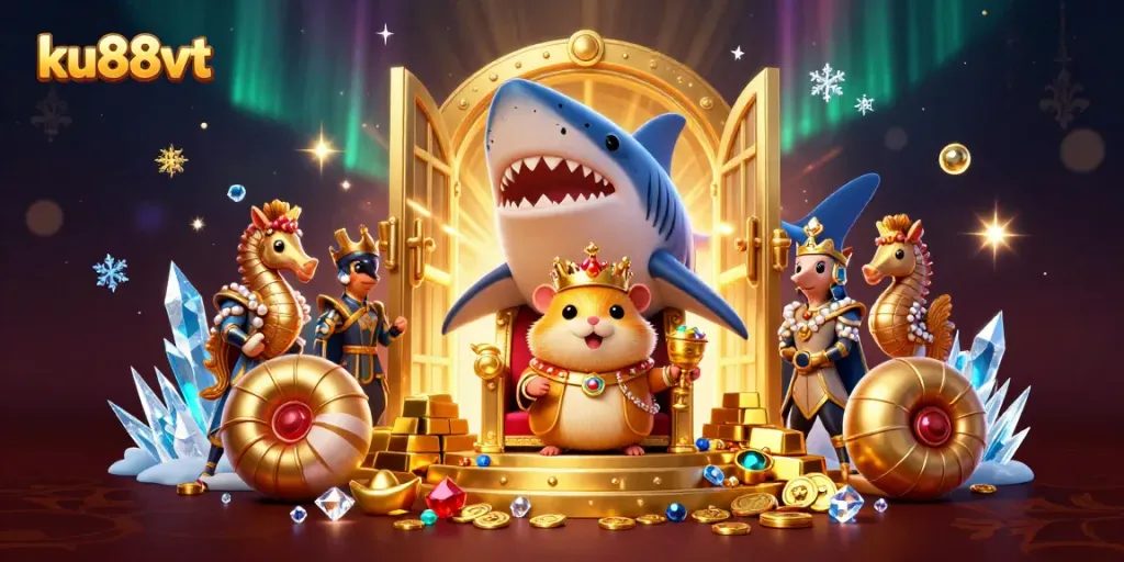 Engage with ku88vt's thrilling casino experience featuring a hamster king amidst treasures and adventure.