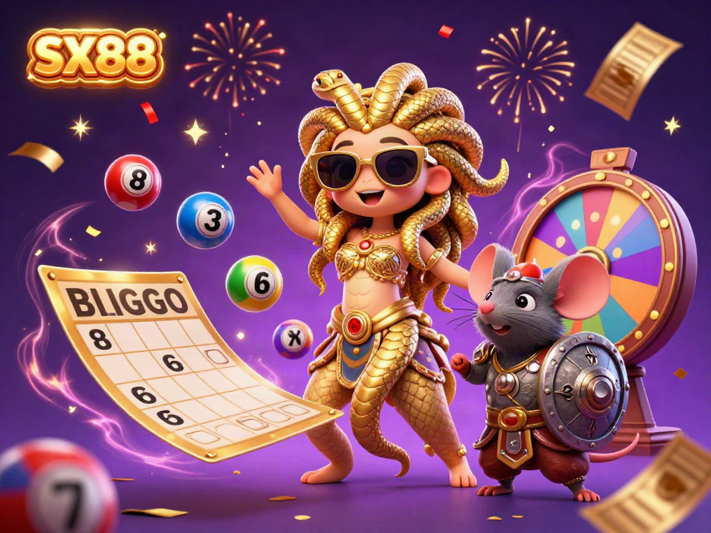 SX88 showcases an exciting 3D art scene with Medusa and a warrior mouse celebrating lottery games.