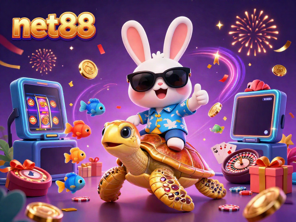 Experience the thrilling world of net88 with our animated lucky rabbit and golden sea turtle amidst vibrant games and festive energy.