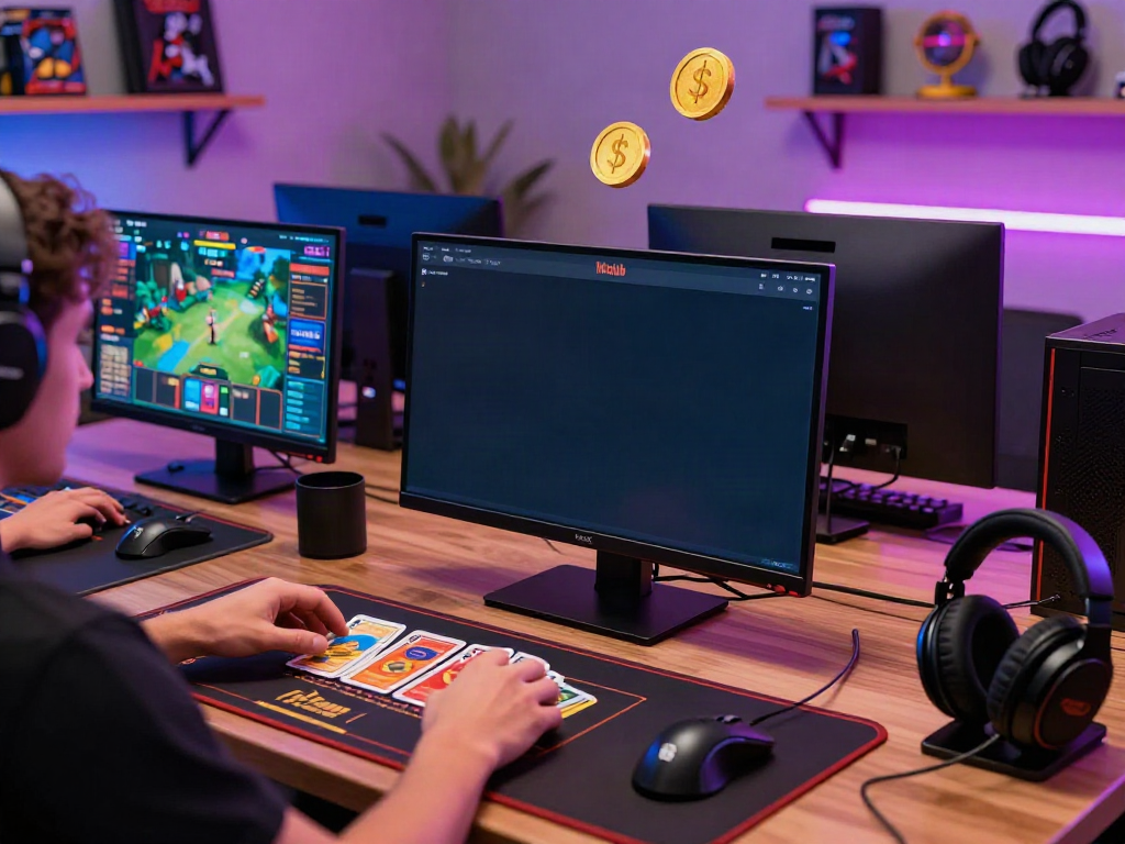 Engaging Hitclub online gaming scene showcasing a player immersed in card games with vibrant accessories and digital rewards.