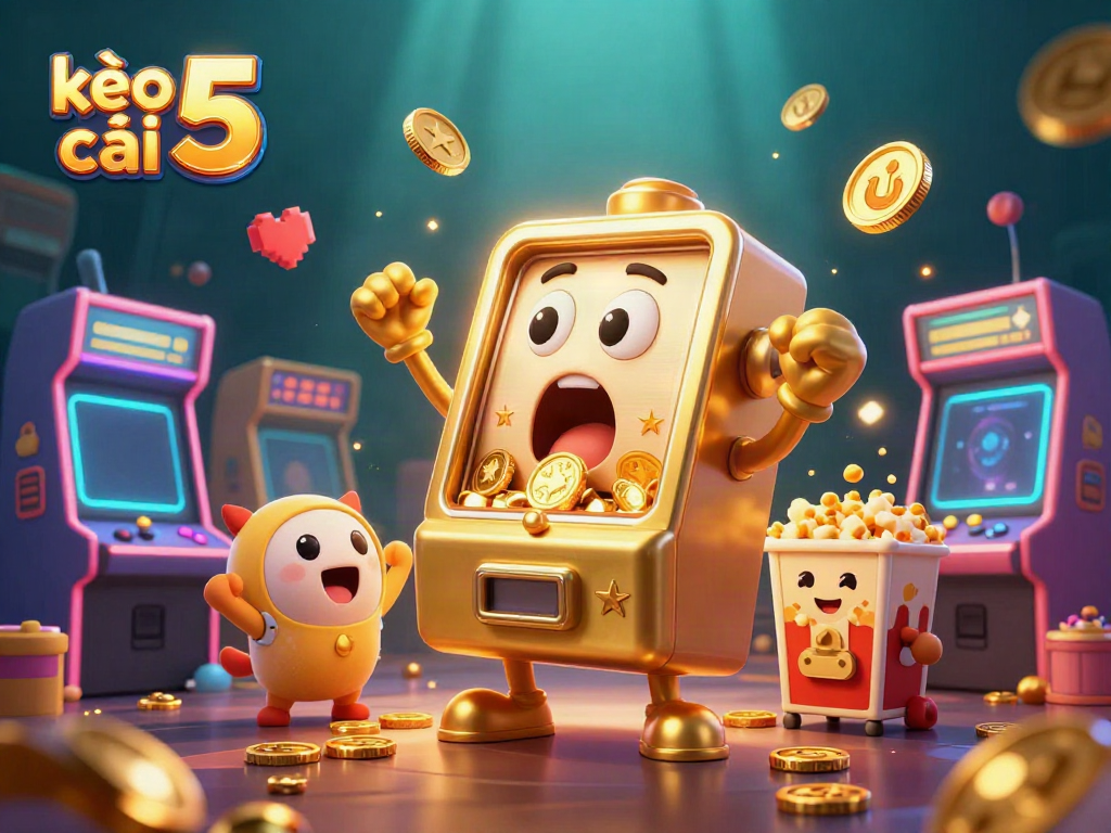 Winning coins burst from the kèo nhà cái 5 slot machine amidst cheering sidekicks.
