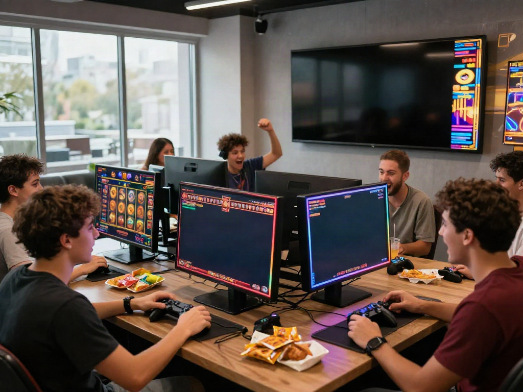 Friends enjoying their time playing da88 online slot games in a vibrant gaming lounge.